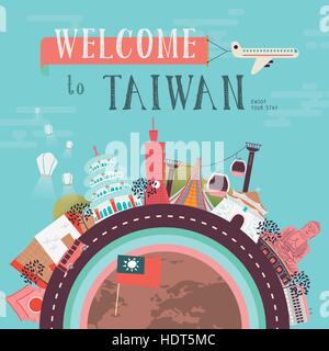 Belle conception de l'affiche de voyage Taiwan avec de célèbres attractions touristiques Illustration de Vecteur