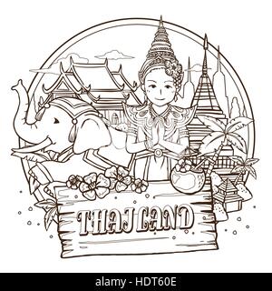 Adorable Thaïlande travel concept poster dans le style dessiné à la main Illustration de Vecteur