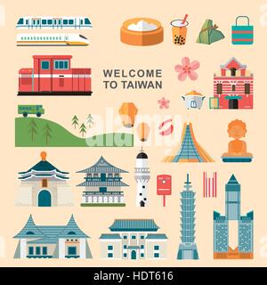 Lovely Taiwan travel concept collections situé dans le style plate Illustration de Vecteur