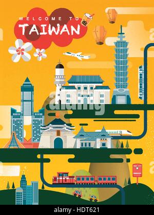 Joli voyage Taiwan poster design en style plat Illustration de Vecteur