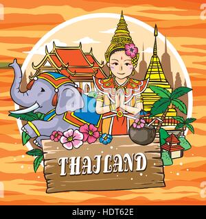 Adorable Thaïlande travel concept poster dans le style dessiné à la main Illustration de Vecteur