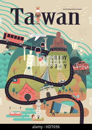 Belle conception de l'affiche de voyage Taiwan avec de célèbres attractions touristiques Illustration de Vecteur