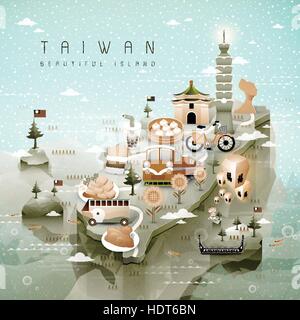 Taiwan incroyable attractions carte en 3D isométrique -style mot bénédiction en chinois sur la lanterne ciel Illustration de Vecteur