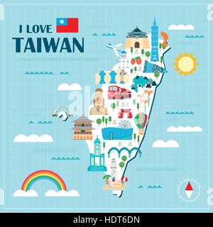 Belle carte de voyage de Taiwan en design style plat Illustration de Vecteur