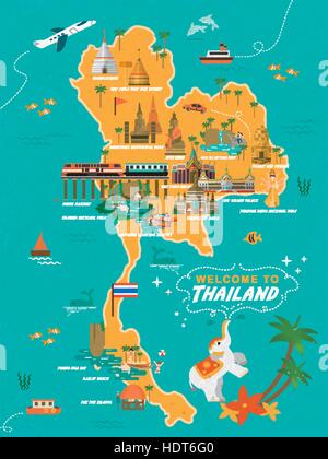 Adorable Thaïlande travel concept poster dans le style plate Illustration de Vecteur