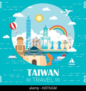 Joli voyage Taiwan poster design en style plat Illustration de Vecteur