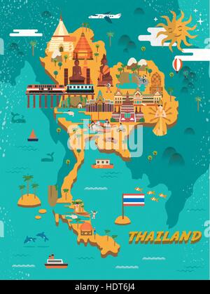 Adorable Thaïlande travel concept poster dans le style plate Illustration de Vecteur