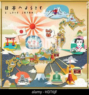 Belle carte de voyage du Japon - Bienvenue au Japon en japonais en haut à gauche Illustration de Vecteur