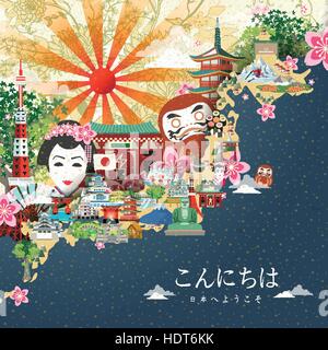 Belle carte de voyage du Japon - Bienvenue au Japon et bonjour en japonais en bas à droite Illustration de Vecteur