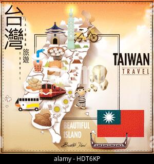 Amazing attractions carte de Taiwan - Taiwan billet et bénédiction mots en chinois en haut à gauche et sky lantern Illustration de Vecteur