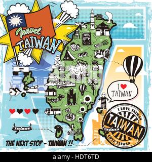 La carte de voyage de Taiwan dans le style comique avec des attractions et de spécialités Illustration de Vecteur