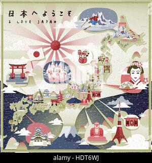 Belle carte de voyage du Japon - Bienvenue au Japon en japonais en haut à gauche Illustration de Vecteur