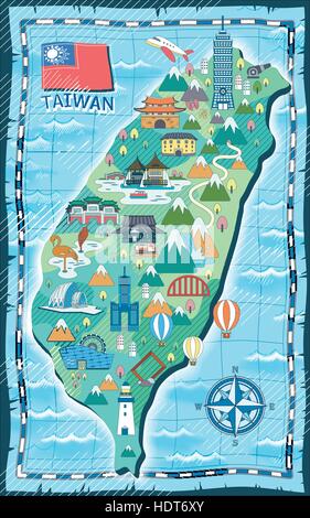 Adorable carte de voyage de Taiwan avec des attractions dans un style plat Illustration de Vecteur