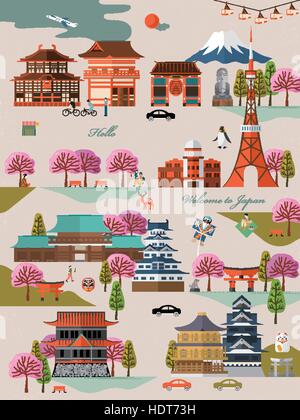 Voyage Japon attrayant l'annonceur avec Sakura et attractions Illustration de Vecteur