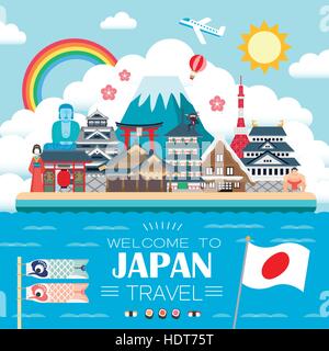 Belle affiche en voyage Japon style plat Illustration de Vecteur