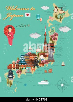 Voyage Japon attrayante affiche - Bonjour dans des mots Illustration de Vecteur