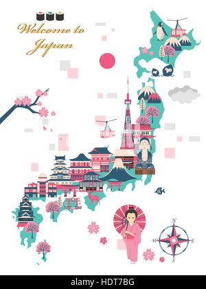 Joli voyage au Japon avec des attractions de conception d'affiches Illustration de Vecteur