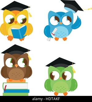 Hiboux avec chapeaux de remise des diplômes. Professeur de chouette et étudiants dans la salle de classe. Kit éducatif pour les enfants. Illustration vectorielle Illustration de Vecteur