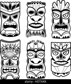 Masques de statue tiki hawaïens. Statues polynésiennes en bois, totems tribaux hawaïens. Ensemble d'illustrations vectorielles noir et blanc Illustration de Vecteur