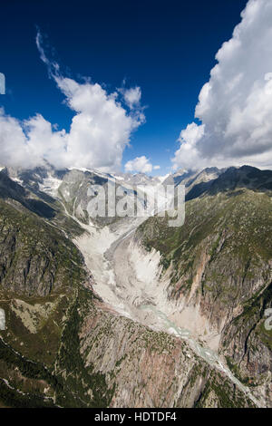 Photographie aérienne, langue du glacier avec moraine terminale, glacier Fiescher, Alpes Suisse, Canton du Valais, Suisse Banque D'Images