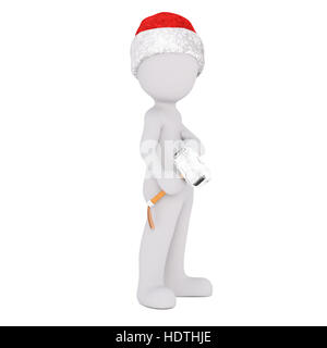 3d man, charpentier ou constructeur dans un chapeau de Noël debout tenant un petit maillet dans sa main, rendus illustration on white Banque D'Images