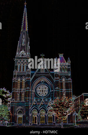 L'église de style gothique victorien - image manipulée numériquement avec bords rougeoyants, Abstrait Architecture sur un fond noir Banque D'Images