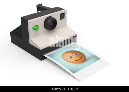 Retro style instant photo appareil photo avec photo de symboles smiley 3D render sur blanc Banque D'Images