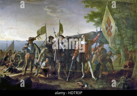 Christophe Colomb (c 1451-1506) Peinture de John Vanderlyn en 1847 intitulée "débarquement de Colomb - 12 Octobre 1492' sur l'ouest de l'île qu'il nommée San Salvador. Il est titulaire de la bannière de la Couronne de Castille. Utilisé sur un timbre-poste en 1893. Banque D'Images