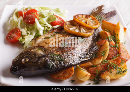 Carpe poisson frit avec des pommes de terre et salade sur une plaque horizontale de près. Banque D'Images