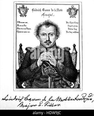 Friedrich Heinrich Karl de la Motte Fouqué, Baron, 1777-1843, un écrivain allemand du style romantique, gravure sur bois de l'année 1880 Banque D'Images
