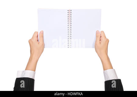 Business Woman hold blank notebook isolated over white background. Vous pouvez mettre votre message sur le papier Banque D'Images