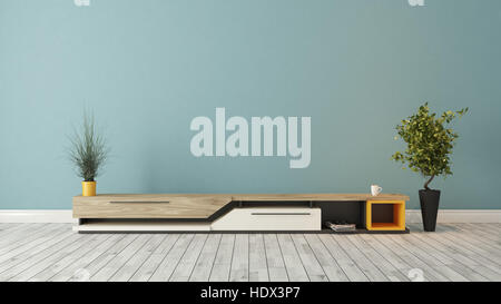Meuble tv moderne avec design mur bleu dans la décoration de la salle de rendu 3d idée Banque D'Images