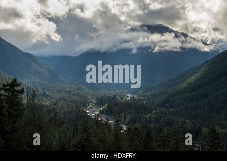 Les nuages au-dessus de la vallée de la rivière Blanche à Mt. Rainier National Park, Washington. Banque D'Images