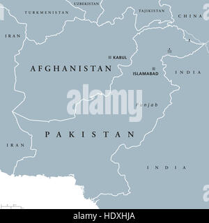 Carte politique de l'Afghanistan et le Pakistan avec chapiteaux Kaboul et Islamabad, les frontières nationales et les pays voisins. Banque D'Images