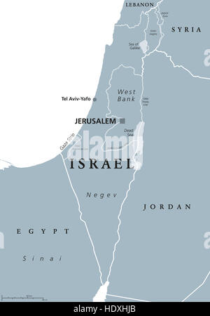 Carte politique d'Israël avec Jérusalem capitale et voisins. État d'Israël, pays de Moyen-Orient avec les territoires palestiniens. Banque D'Images