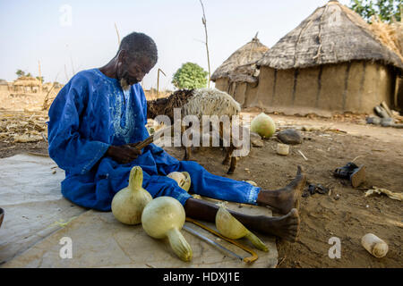 Un homme burkinabé dans son village, le découpage des citrouilles pour en faire des récipients pour boire et manger, Burkina Faso Banque D'Images