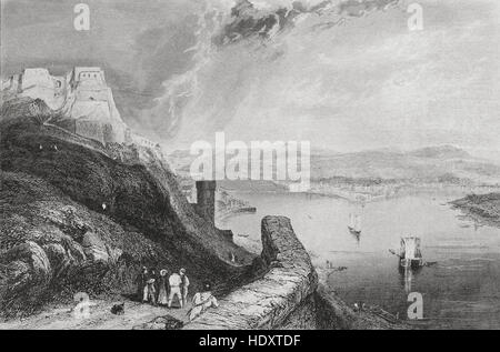 Vue de la forteresse de Ehrenbreitstein Coblence, Allemagne. 19ème siècle gravure sur acier par Lemaitre direxit et Lalaisse. Banque D'Images