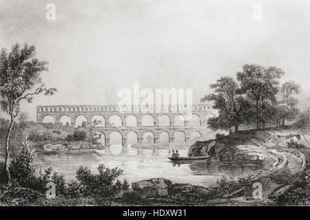 Le Pont du Gard, monument romain, France. 19ème siècle gravure sur acier par Danvin et Lemaitre direxit. Banque D'Images