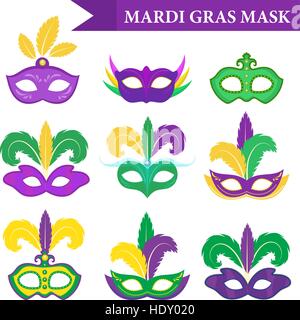 Masque de Mardi Gras, l'élément de design, style plat. collection des masques avec plumes, isolé sur fond blanc. Illustration vectorielle, clip art Illustration de Vecteur