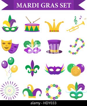 Carnaval Mardi Gras set icônes, élément de conception , de style. Collection, masque avec plumes, perles, joker, fleur de lis, la comédie et la tragédie, décorations de fête. Illustration vectorielle, clip art Illustration de Vecteur