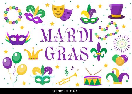 Carnaval Mardi Gras set icônes, élément de conception , de style. Collection, masque avec plumes, perles, joker, fleur de lis, la comédie et la tragédie, décorations de fête. Illustration vectorielle, clip art Illustration de Vecteur