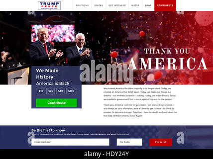 DONALD TRUMP comme président élu américain avec Vice-président élu Mike Pence. Page Web remerciant partisans en décembre 2016. Banque D'Images