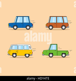 Set of funny cartoon cars : sedan, fourgonnette, camionnette, fourgonnette hippie. Banque D'Images