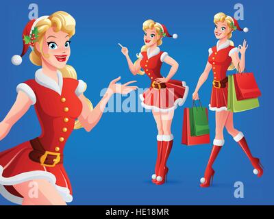 Smiling girl in Santa costume dans différentes poses. Vector set. Illustration de Vecteur