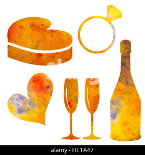 Ensemble d'éléments d'aquarelle pour la Saint-Valentin ou pour mariage. Pour les cartes postales, décoration. Banque D'Images