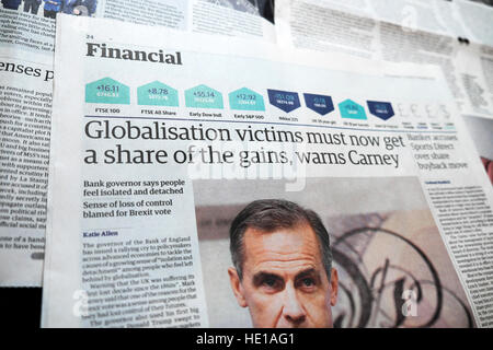 "La mondialisation les victimes doivent maintenant obtenir une part des gains, prévient Carney' manchette London England UK Banque D'Images