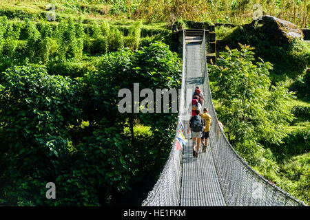 Les randonneurs traversent la vallée d'une rivière sur un pont suspendu en acier Banque D'Images
