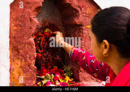 Une femme s'offrant à l'prasad statues des dieux en dehors du temple khadga devi mandir au festival hindouiste darsain Banque D'Images