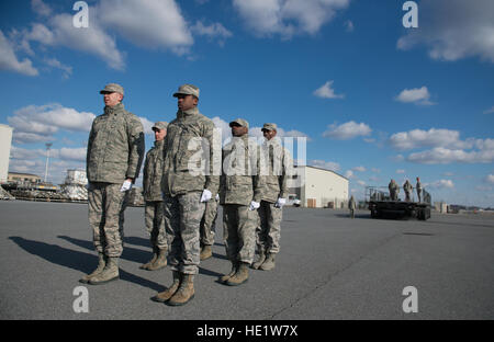 Un service militaire mixte détail attribué à Dover les affaires mortuaires, stand en formation tout en pratiquant un transfert digne à Dover Air Force Base, Texas. L'Armée de l'air unité d'affaires mortuaires à Douvres reste prête à servir plusieurs membres de tombé à un moment donné, mais les chiffres ont diminué de façon spectaculaire après le tirage vers le bas des troupes militaires de l'opération Enduring Freedom. /Le s.. Vernon Young Jr. Banque D'Images