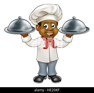 Noir dessin animé ou chef Baker holding a silver cloche plateau plaque food tray Banque D'Images